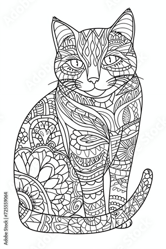 simple coloring page for adults of  cat, mandala pattern