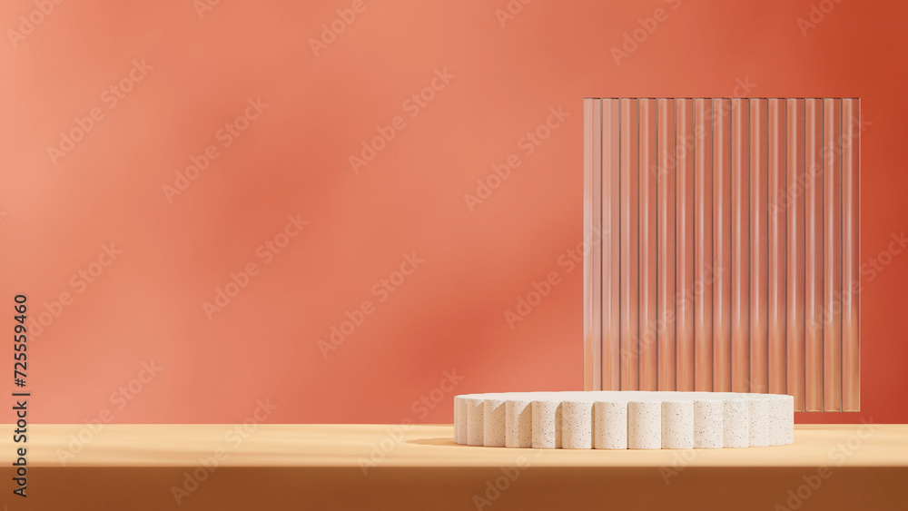 Obraz premium beige ceramic curved podium in landscape glass backdrop and orange wall, 3d render template mockup 