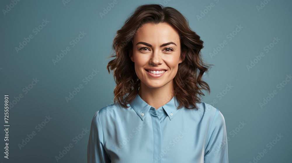 Obraz premium Smart Turkish Businesswoman in Light Blue, Brown Hair, Copy Space 