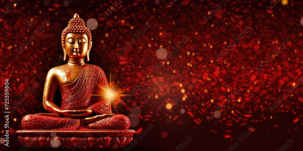 Buddha statue on red bokeh background with copy space. Meditating Buddha. Buddha Purnima. Vesak day