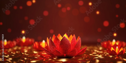 Red Lotus Flowers and Burning Candles. Happy Diwali festival background with lotuses and bokeh lights