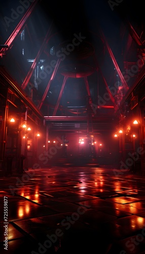 Dark corridor with red lights  3d rendering. Computer digital drawing.