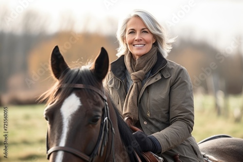 Portrait of a beautiful mature woman riding a horse on a sunny day © Nerea