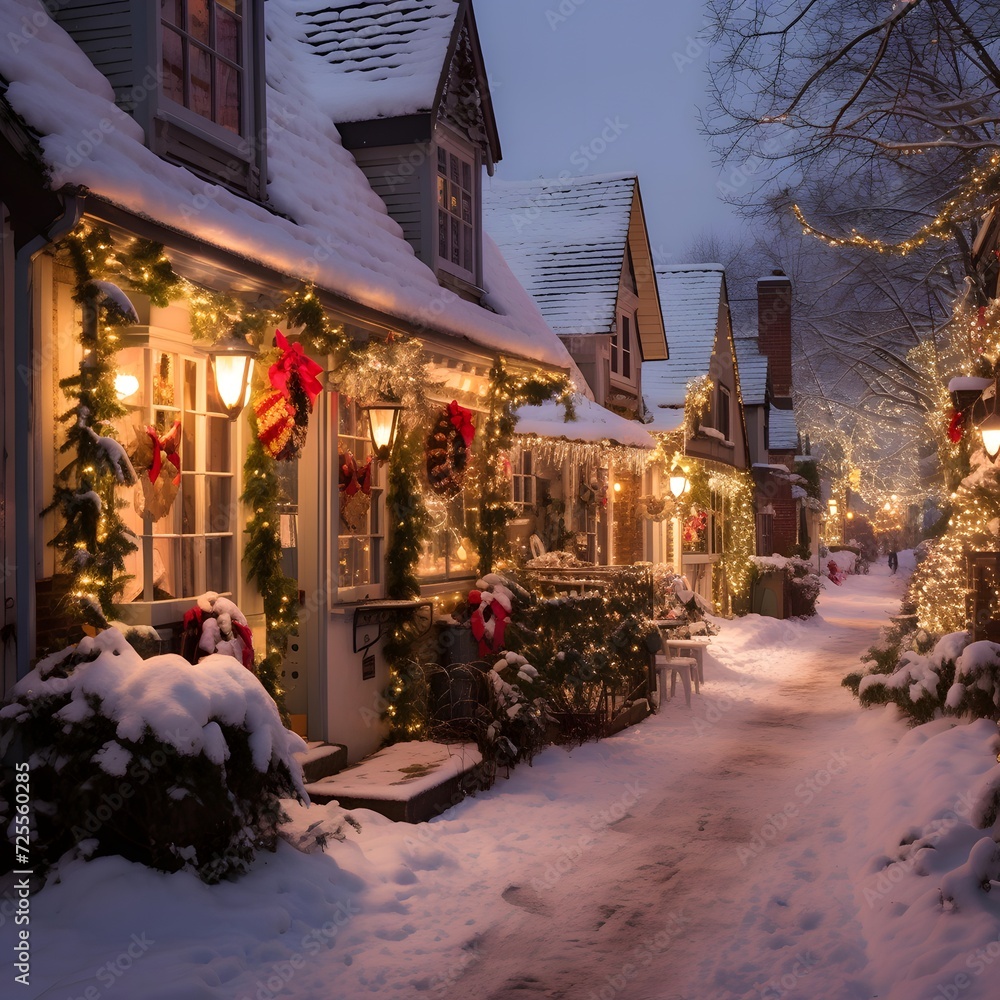 Beautiful houses at night in winter with christmas lights and decorations