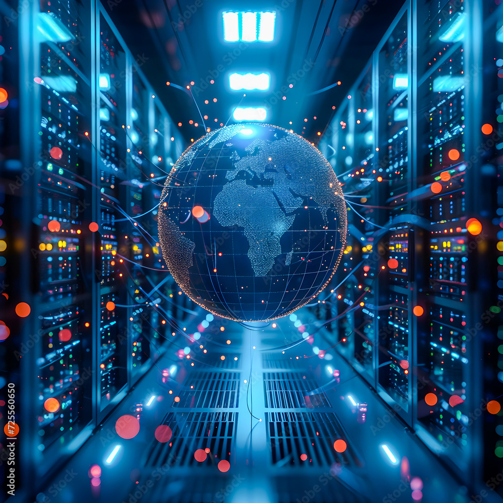Fototapeta premium A holographic digital earth hovers in a futuristic data center with illuminated server racks. 