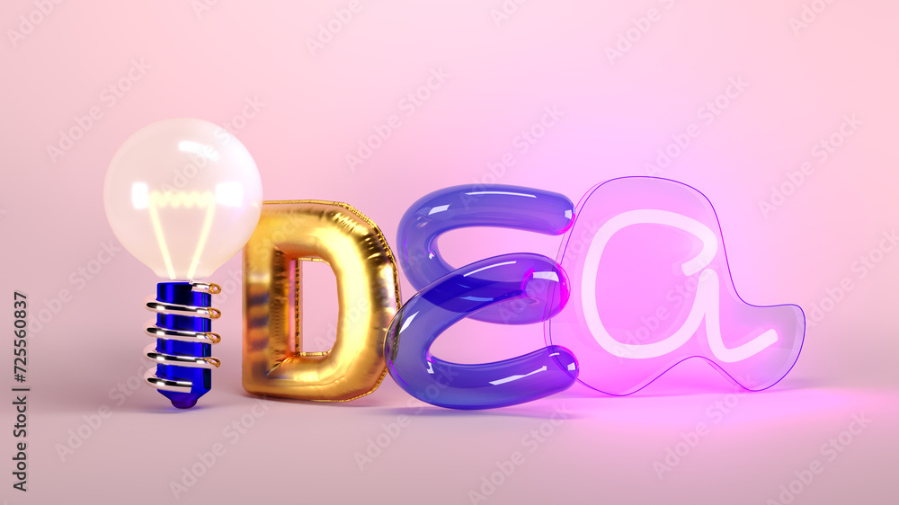 3D render. Letter and light bulb forming word idea against pink background. Creative design. Banner. Advertisement, marketing