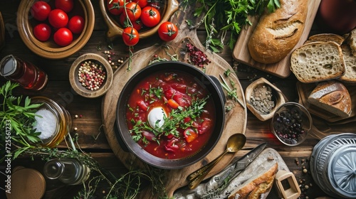 Table set with steaming bowl of borscht, bread, and garnishes
