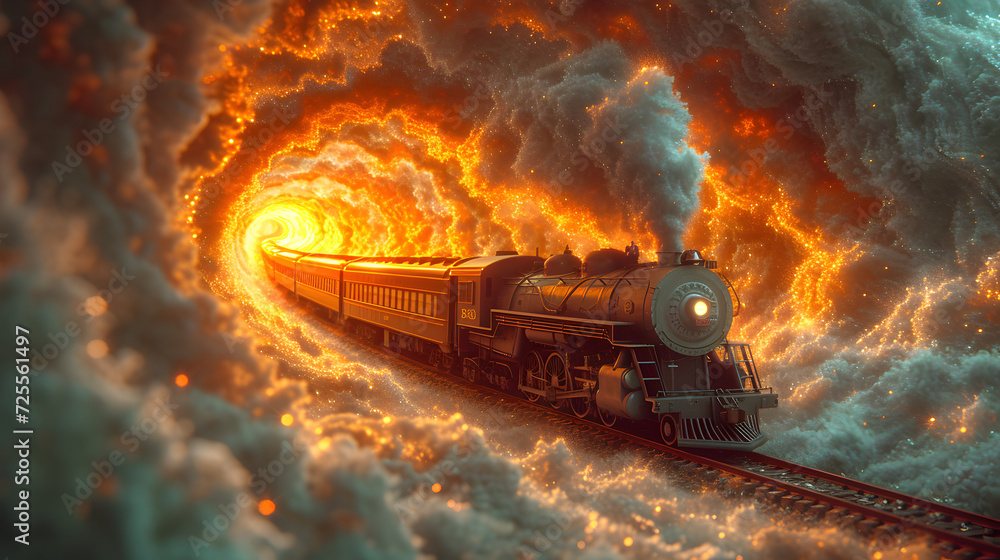 Painting of Train Going Through Fiery Tunnel Painting of Train Going Through Fiery Tunnel