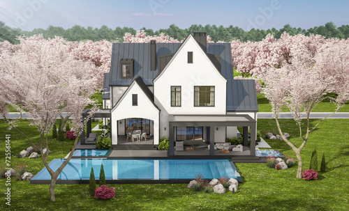 Canvas Print 3d rendering of cute cozy white and black modern Tudor style house with parking  and pool for sale or rent