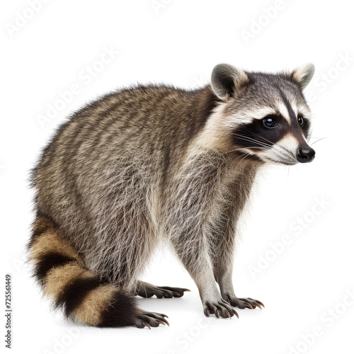 Raccoon standing side view isolated on white background, photo realistic.