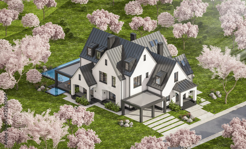 Photography 3d rendering of cute cozy white and black modern Tudor style house with parking  and pool for sale or rent