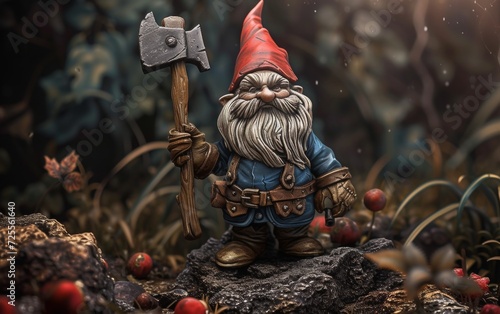 A gnome holding an axe, stands amidst woods, evoking a mystical atmosphere.
