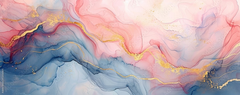 Abstract watercolor paint background illustration - Soft pastel pink blue color and golden lines, with liquid fluid marbled paper texture banner texture, Generative AI  - obrazy, fototapety, plakaty 