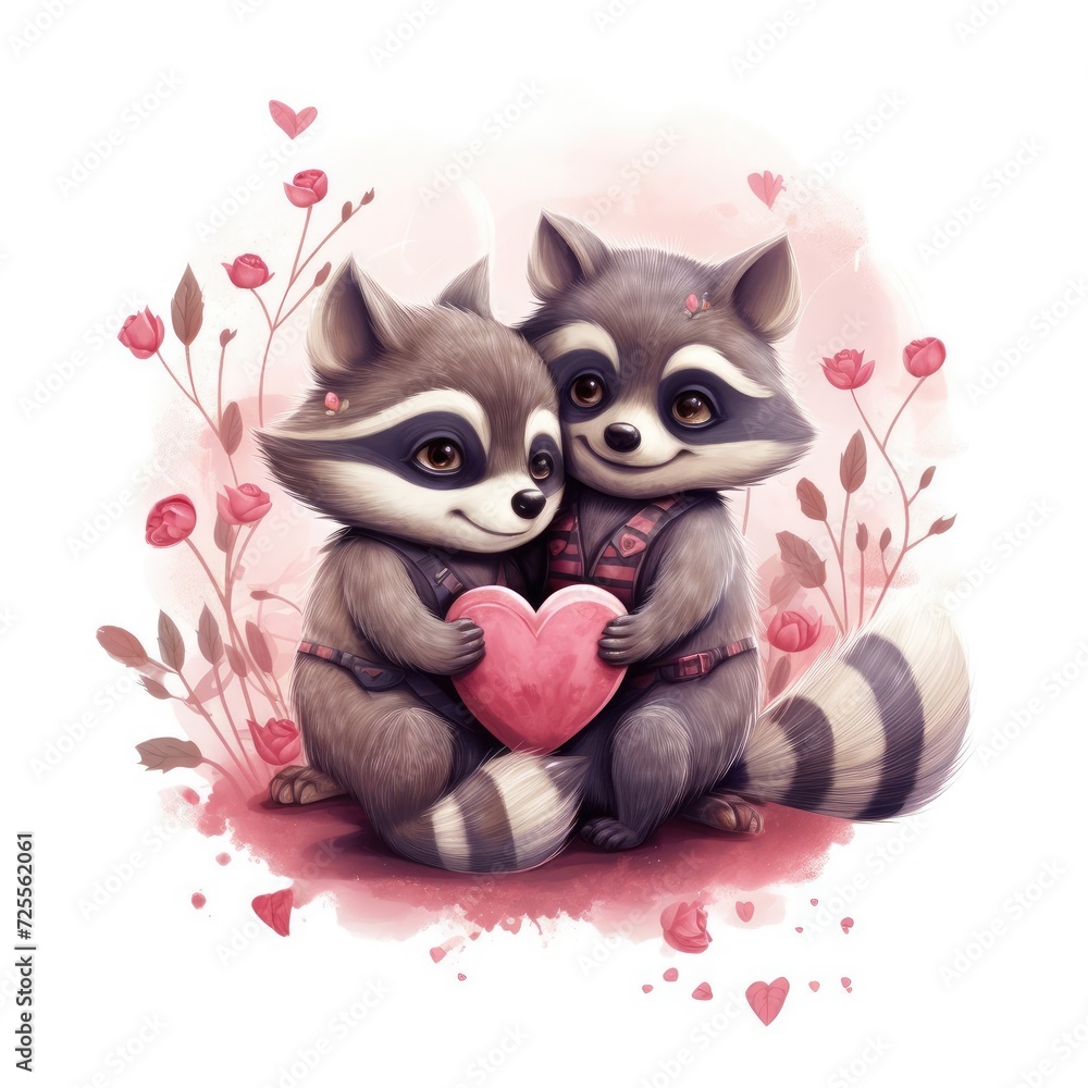 Fototapeta premium Illustration of two raccoons in love looking at each other on a white background.