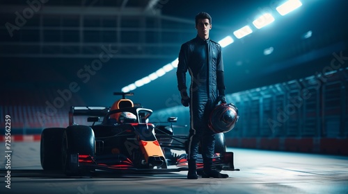 The formula 1 racer standing near the car.