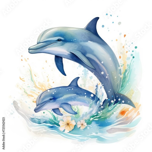 Watercolor Illustration of two dolphins jumping on the waves on a white background