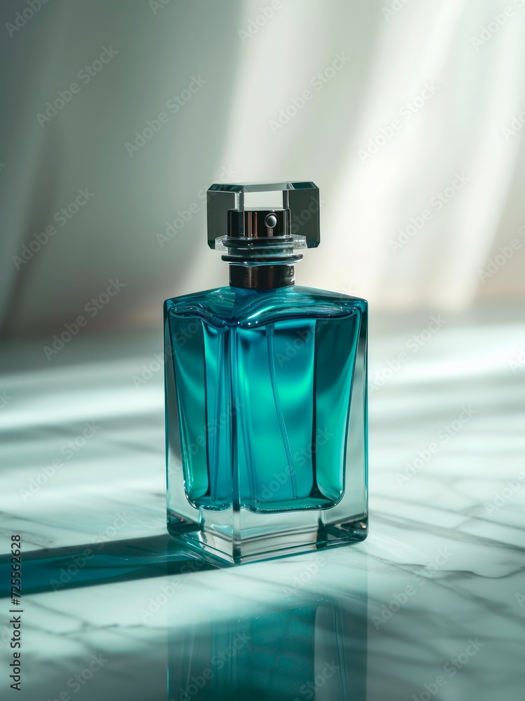 Blue bottle of perfume. Minimal perfumery banner. Blue bottle of perfume. Minimal perfumery banner.