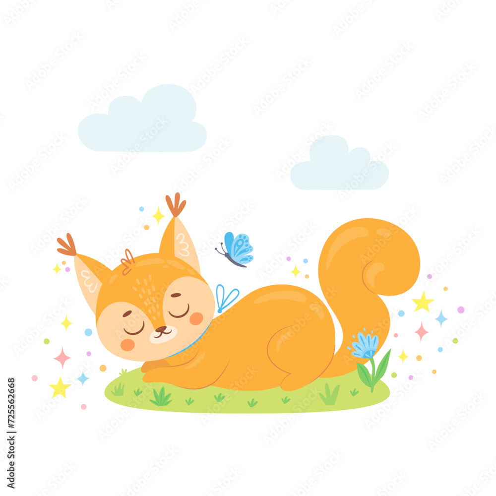 custom made wallpaper toronto digitalCute sleeping squirrel on spring meadow with flower and butterfly. Funny hand-drawn animal character for greeting cards, stickers, posters, invitations and nursery room decor. Colorful childish vector