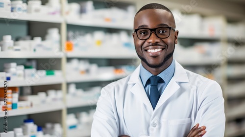 Cheerful pharmacist standing by shelves of medications radiating confidence and assurance in providing essential healthcare services