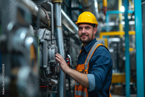 worker in factory. Worker supervisor in district heating plant doing quality control and inspection of pipes and valves. Man working at a factory. professional heavy industry black worker in a protect