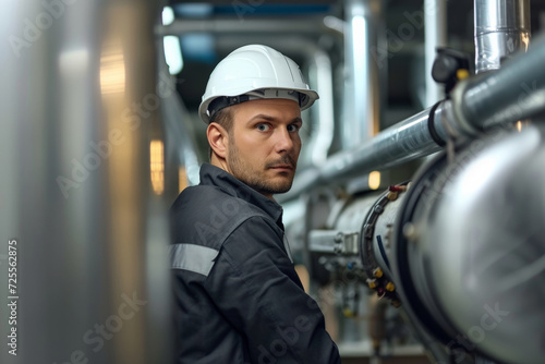 worker in factory. Worker supervisor in district heating plant doing quality control and inspection of pipes and valves. Man working at a factory. professional heavy industry black worker in a protect photo