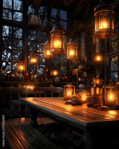 Lanterns on a wooden table in a pub or restaurant