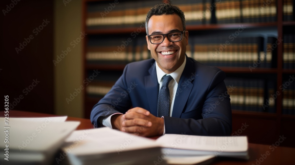 A bankruptcy attorney amidst financial documents smiles empathetically. A bankruptcy attorney amidst financial documents smiles empathetically.