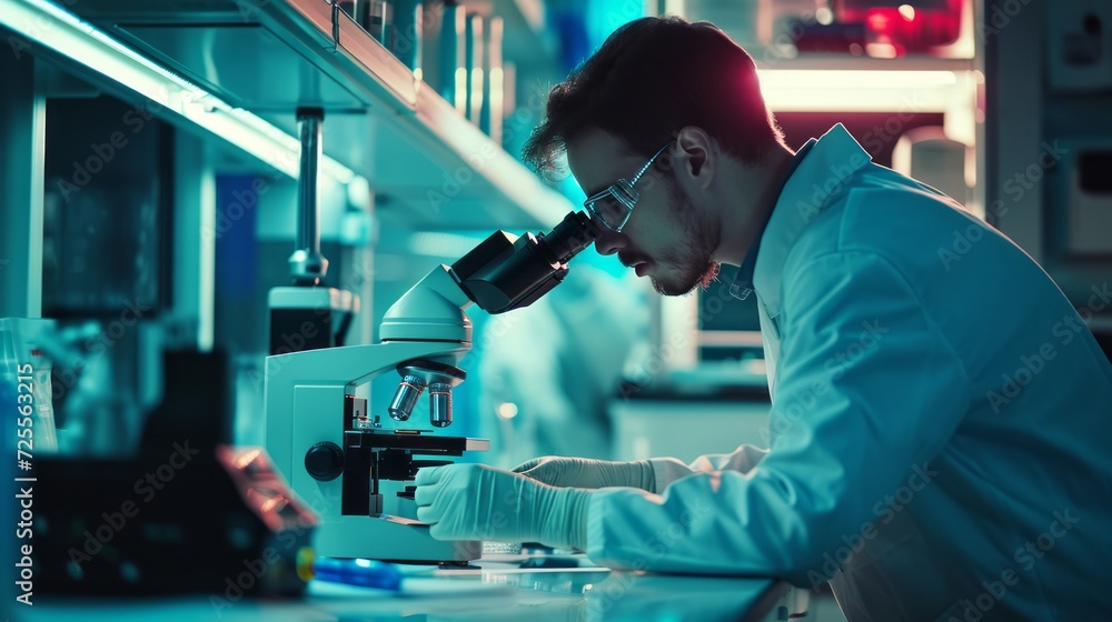 a scientist using a microscope in lab conducting research a scientist using a microscope in lab conducting research