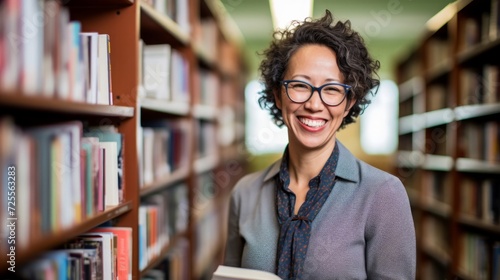 A joyful librarian amidst bookshelves meets the camera with a friendly smile.