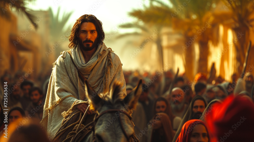 Palm Resurrection, Entry of the Lord into Jerusalem, Jesus Christ on a donkey. Christian photography for church religious Easter publications Palm Resurrection, Entry of the Lord into Jerusalem, Jesus Christ on a donkey. Christian photography for church religious Easter publications