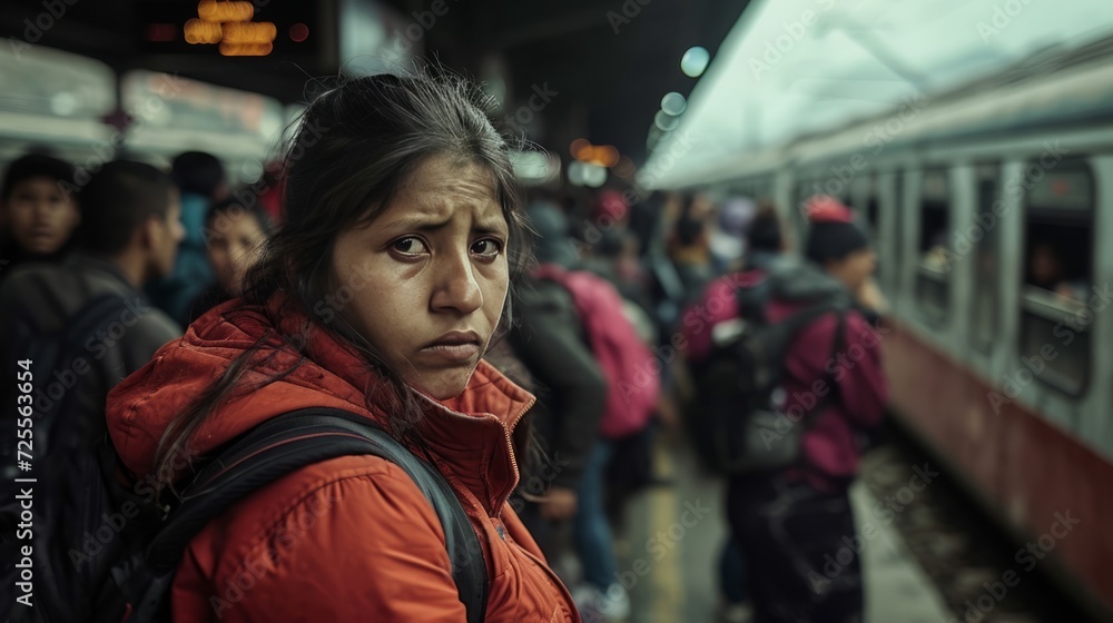 Fototapeta premium group of immigrants in crowded busy train station with passengers waiting to board.