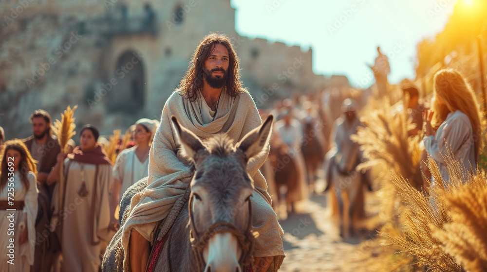 Fototapeta premium Palm Resurrection, Entry of the Lord into Jerusalem, Jesus Christ on a donkey. Christian photography for church religious Easter publications