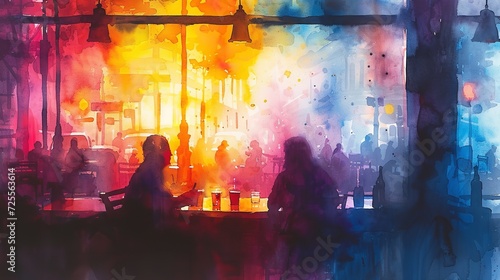 A  good time in a pub  depicted in watercolor. Generative Ai.