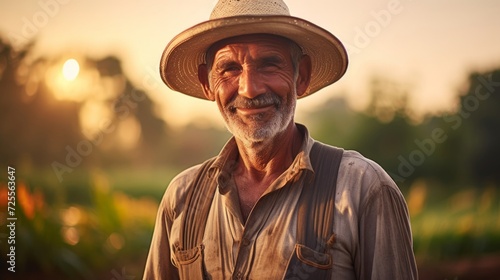 Contented farmer in lush field warm smile reflects satisfaction in nurturing land