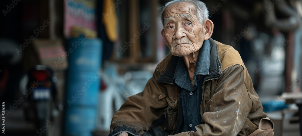 Fototapeta premium war immigrant elderly man in a worn jacket sitting looking into the distance