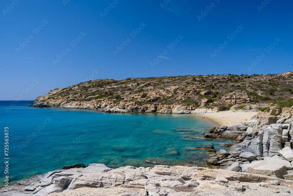 View of the most amazing turquoise beach of Pikri Nero, on a beautiful day on the island of Ios Greece