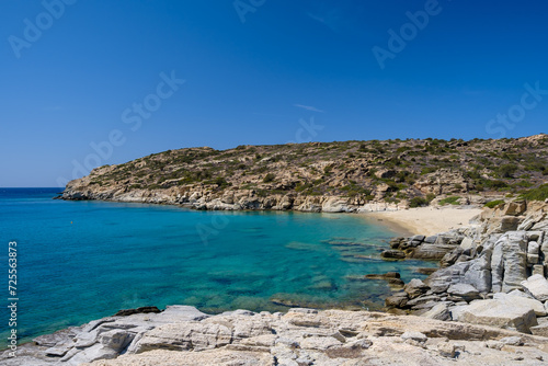 View of the most amazing turquoise beach of Pikri Nero, on a beautiful day on the island of Ios Greece