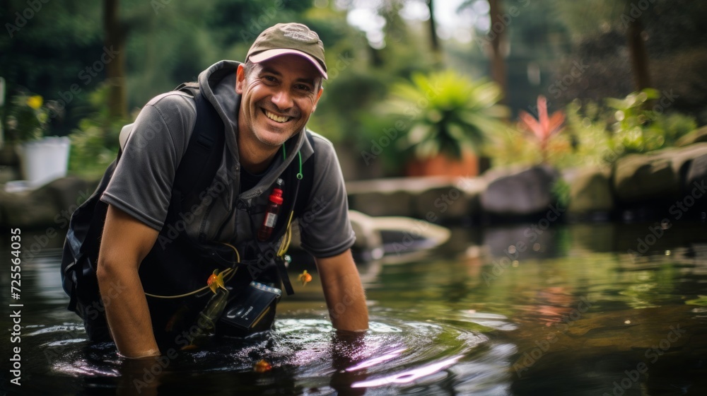 Engaged aquaculturist by pristine fish pond responsible for aquatic ecosystem Engaged aquaculturist by pristine fish pond responsible for aquatic ecosystem