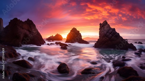 Panoramic image of a rocky beach at sunset in Portugal.