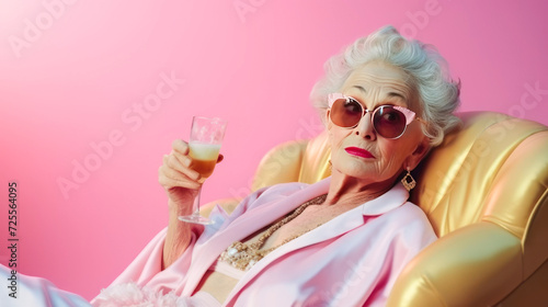 An elderly elegant woman holds a glass of wine on a pink background photo