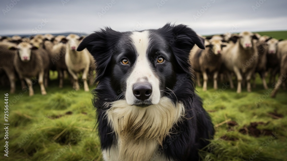 In sprawling field dedicated shepherd proudly watched by faithful sheepdog