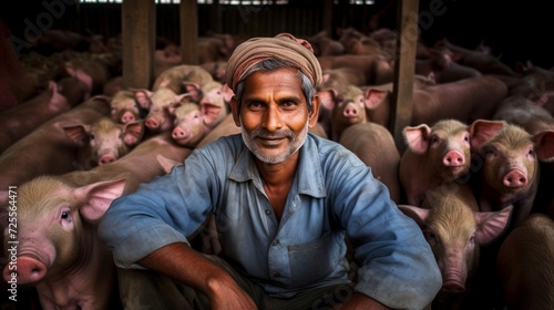 Exuberant pig farmer in pigsty smiling gently with roaming pigs of all sizes