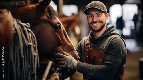 Farrier in horse stall with focused smile