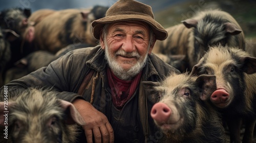 Bond between swine herder and pigs photo