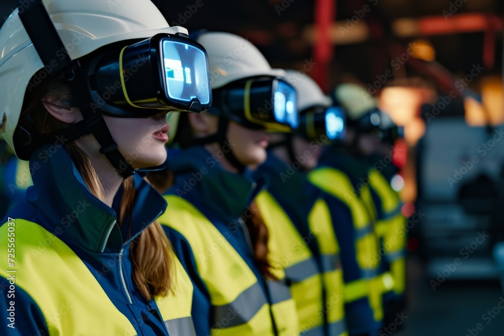 Industrial Team Using VR for Training. Industrial workers in hi-vis gear training with VR headsets. Industrial Team Using VR for Training. Industrial workers in hi-vis gear training with VR headsets.