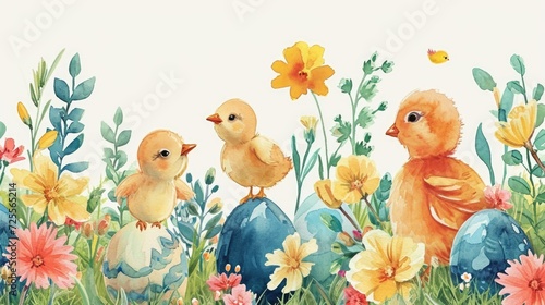 Chicks Among Easter Flowers. Chicks with Easter eggs among blooming flowers.