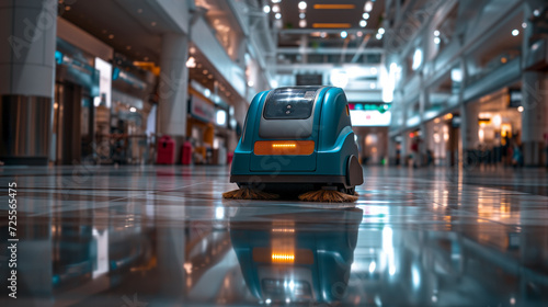 Industrial automatic robot cleaner mopping the floor in the Airport or Mall