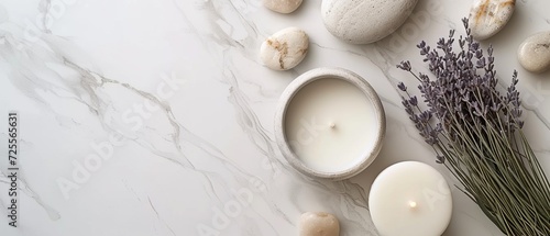 Spa Essentials on White Marble Background