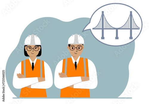 Engineers man and woman make plans in their minds for designing a bridge in an air bubble. The concept of civil engineering and construction.