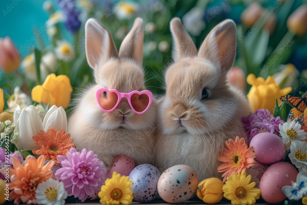 Easter Celebration Card with two Easter Bunnies in pink sunglasses with many spring flowers Easter Celebration Card with two Easter Bunnies in pink sunglasses with many spring flowers
